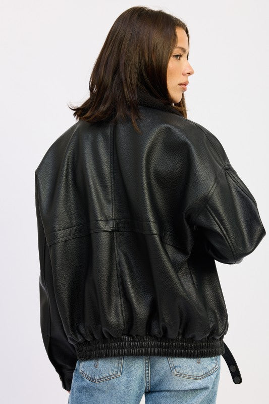 SHEARLING COLLAR VEGAN LEATHER JACKET