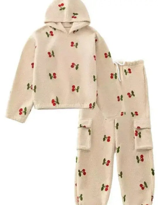 Two piece sherpa cherries sweat set