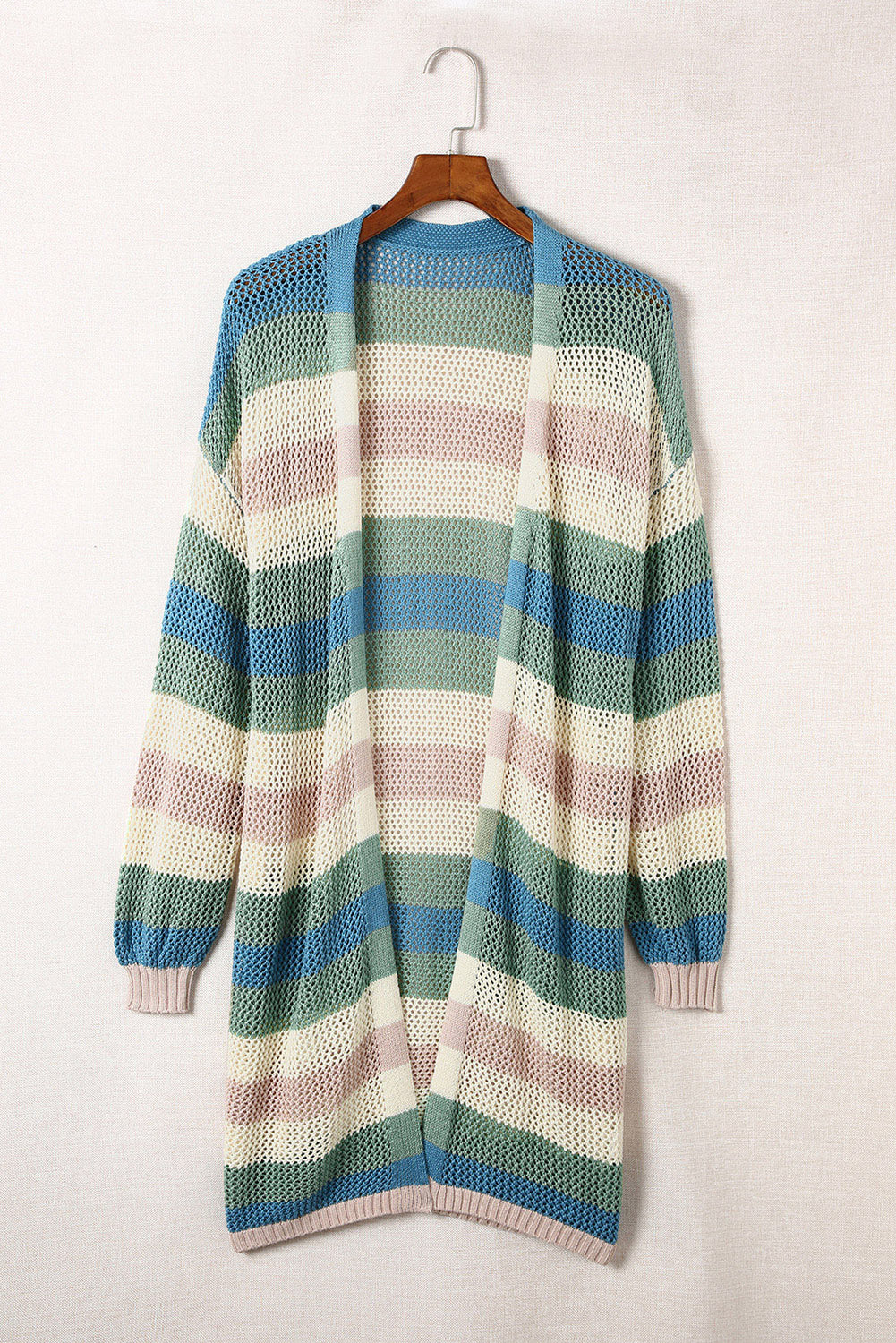 Black Striped Color Block Casual Hollow Cable Knit Cardigan