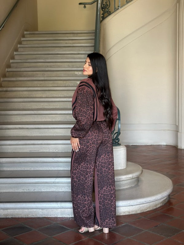 Leopard Print & Solid Stripes Contrast Loungewear