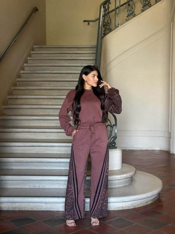 Leopard Print & Solid Stripes Contrast Loungewear