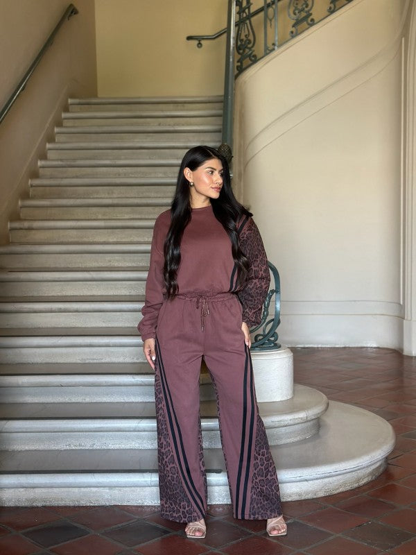 Leopard Print & Solid Stripes Contrast Loungewear