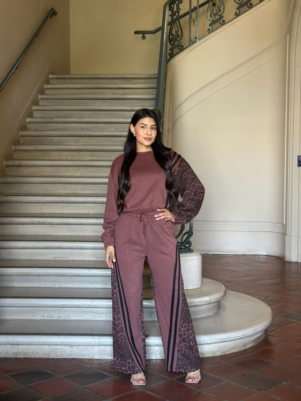 Leopard Print & Solid Stripes Contrast Loungewear
