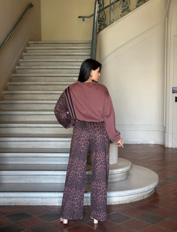 Leopard Print & Solid Stripes Contrast Loungewear