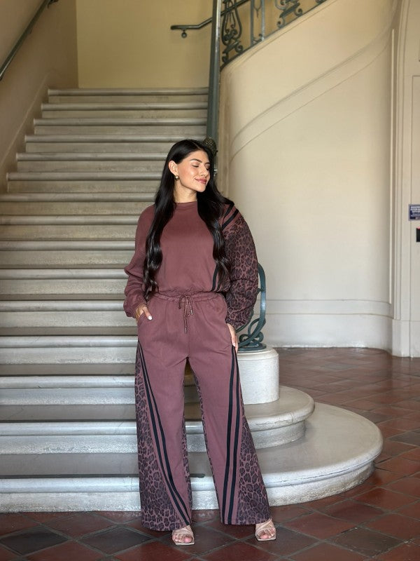 Leopard Print & Solid Stripes Contrast Loungewear