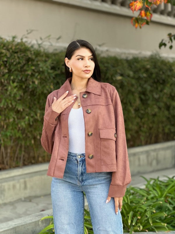 Suede Button Up Solid with Pockets Cropped Jacket