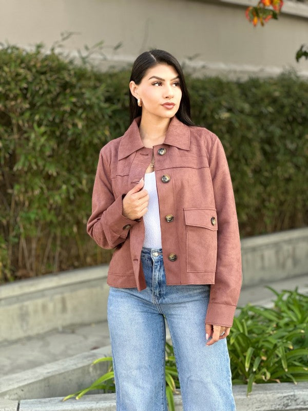 Suede Button Up Solid with Pockets Cropped Jacket