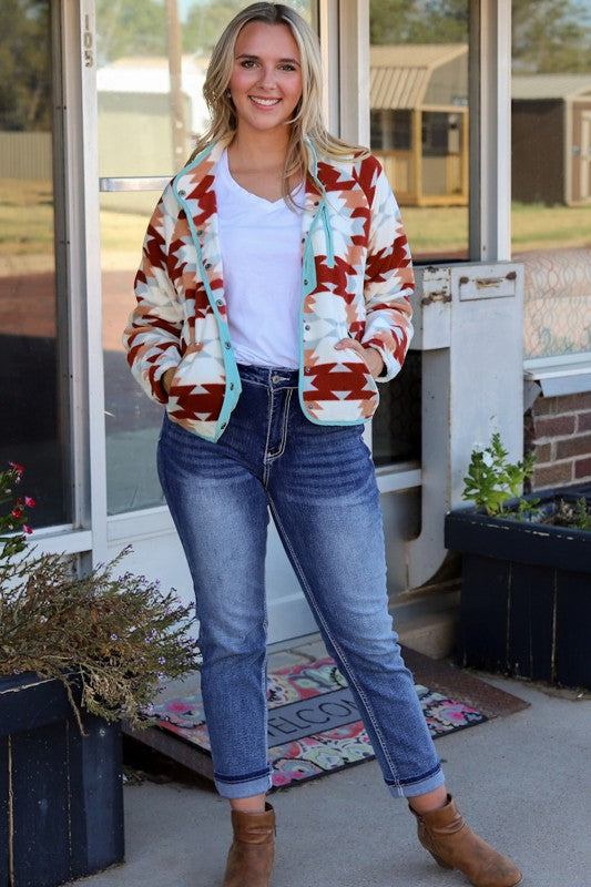 Western Aztec Buttoned Zipper Pockets Jacket
