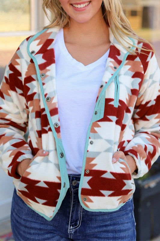 Western Aztec Buttoned Zipper Pockets Jacket
