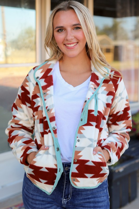 Western Aztec Buttoned Zipper Pockets Jacket