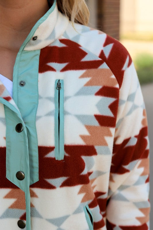 Western Aztec Buttoned Zipper Pockets Jacket