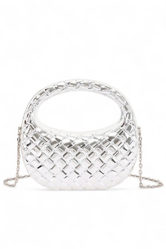 Weaved Textured Metallic Top Handle Acrylic Clutch
