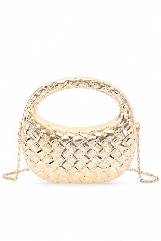 Weaved Textured Metallic Top Handle Acrylic Clutch