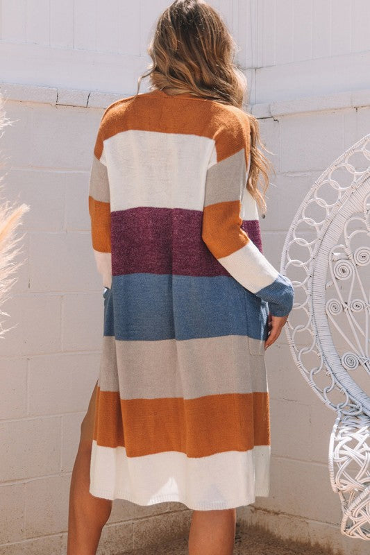 Multicolor Colorblock Open Front Knit Cardigan