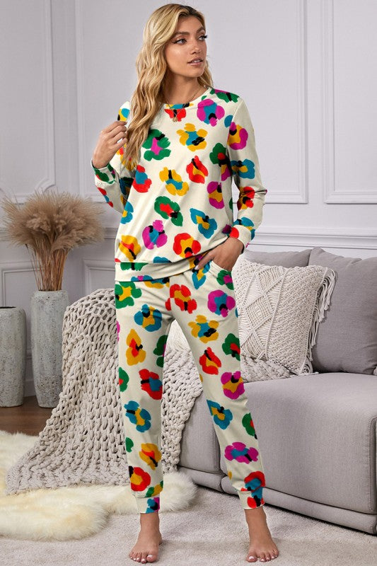 Apricot Leopard Long Sleeve Top Pants Lounge Set