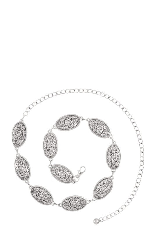 Oval Floral Shape Textured Linked Metal Chain Belt