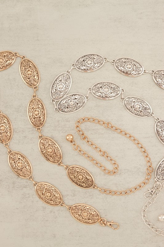 Oval Floral Shape Textured Linked Metal Chain Belt