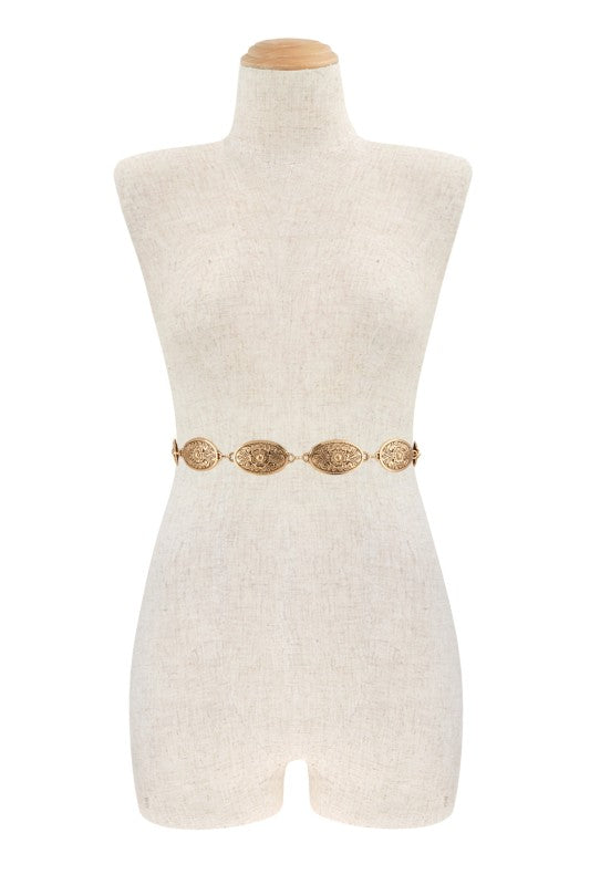 Oval Floral Shape Textured Linked Metal Chain Belt