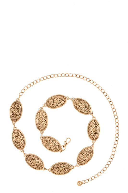 Oval Floral Shape Textured Linked Metal Chain Belt