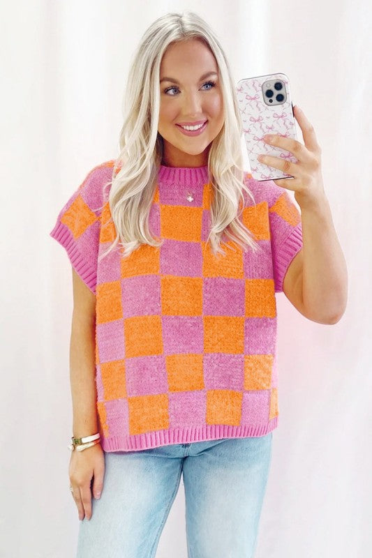 Colorblock Plaid Pattern Ribbed Trim Sweater Tank