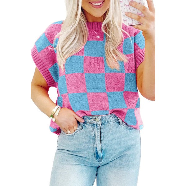 Colorblock Plaid Pattern Ribbed Trim Sweater Tank