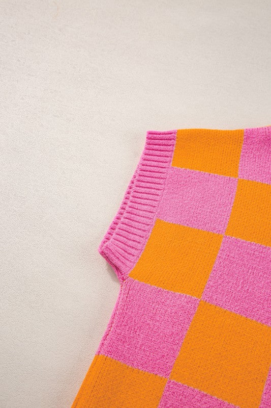 Colorblock Plaid Pattern Ribbed Trim Sweater Tank