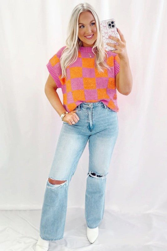Colorblock Plaid Pattern Ribbed Trim Sweater Tank