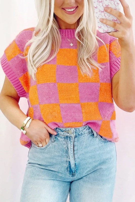 Colorblock Plaid Pattern Ribbed Trim Sweater Tank