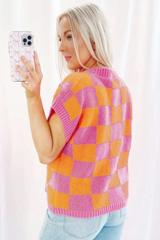 Colorblock Plaid Pattern Ribbed Trim Sweater Tank