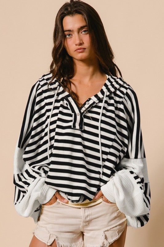 Oversized Striped Henley Buttons Hooded Top