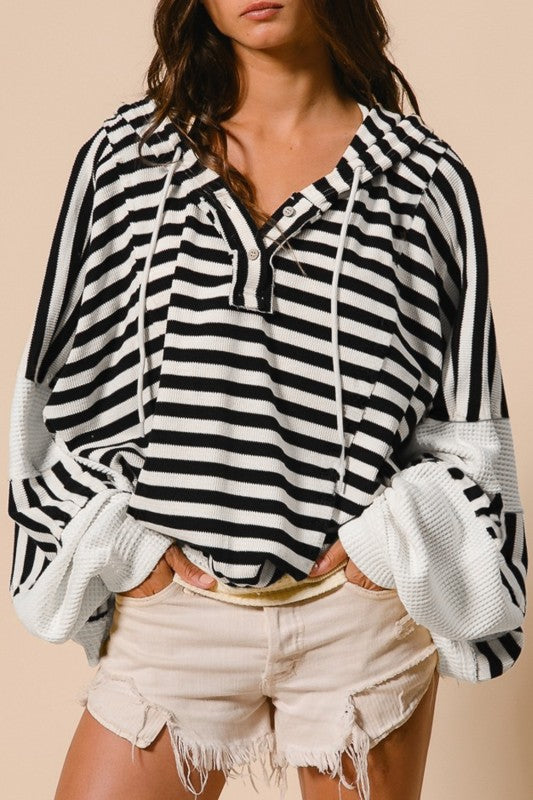 Oversized Striped Henley Buttons Hooded Top