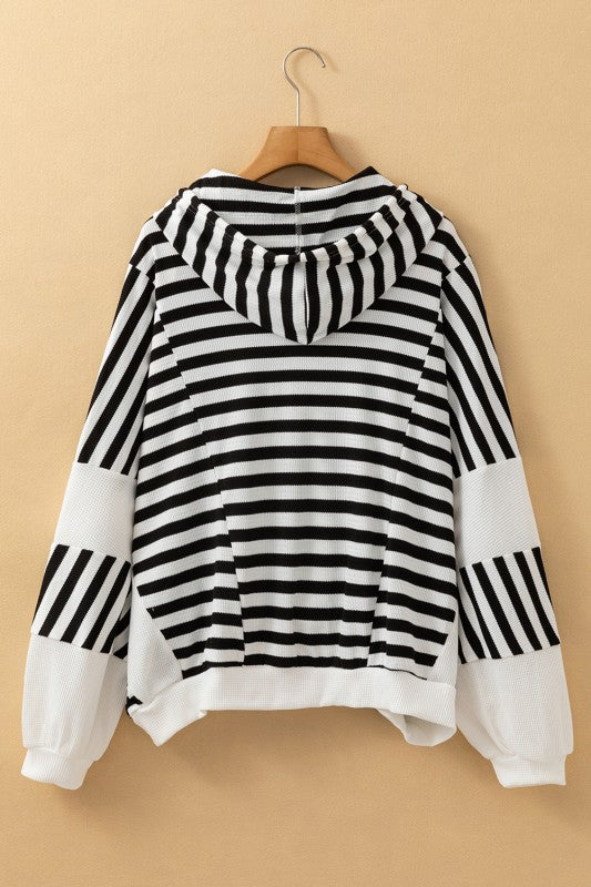 Oversized Striped Henley Buttons Hooded Top