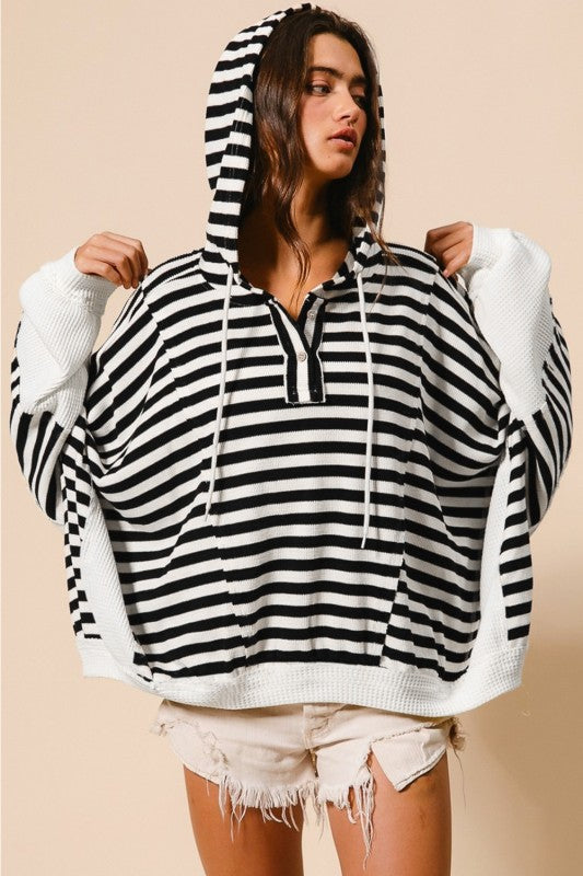 Oversized Striped Henley Buttons Hooded Top