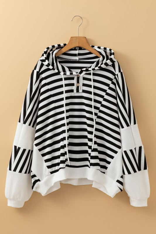 Oversized Striped Henley Buttons Hooded Top