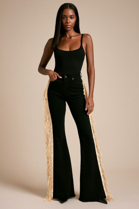 Texas Sun Bell Bottom Jean- Beige Fringe