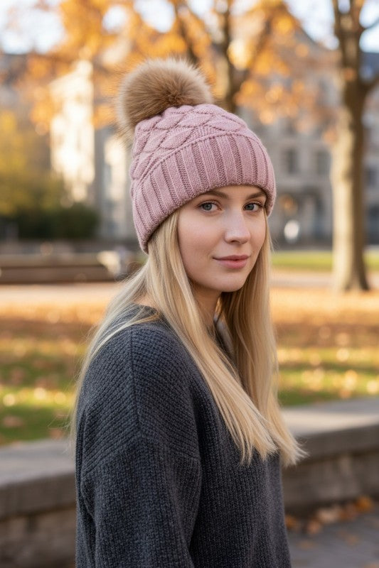 Large Genuine Fur Pom Pineapple Knit Soft Beanies