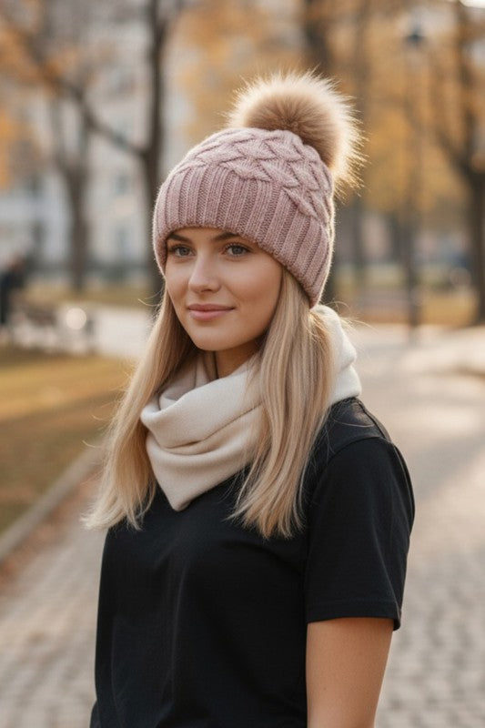 Large Genuine Fur Pom Pineapple Knit Soft Beanies