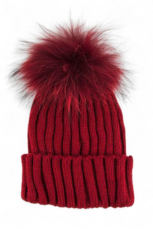 Large Genuine Fur PomPom Winter Cuff Beanie