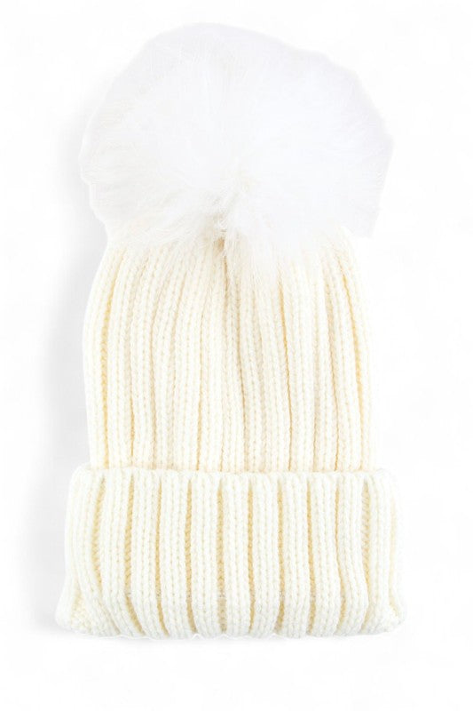 Large Genuine Fur PomPom Winter Cuff Beanie