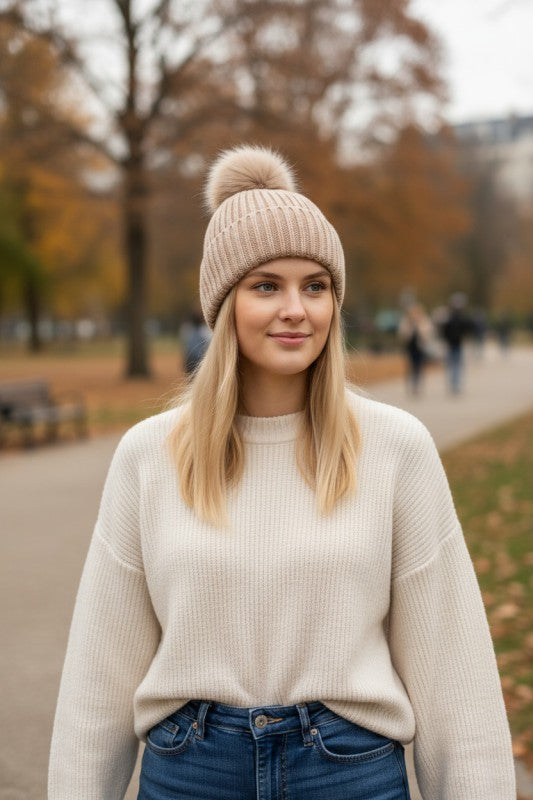 Large Genuine Fur PomPom Winter Cuff Beanie