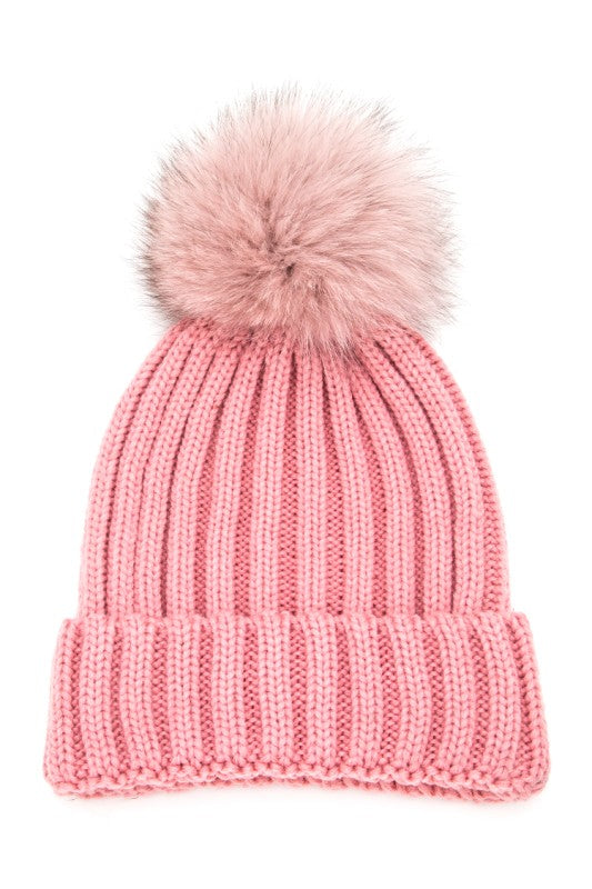 Large Genuine Fur PomPom Winter Cuff Beanie