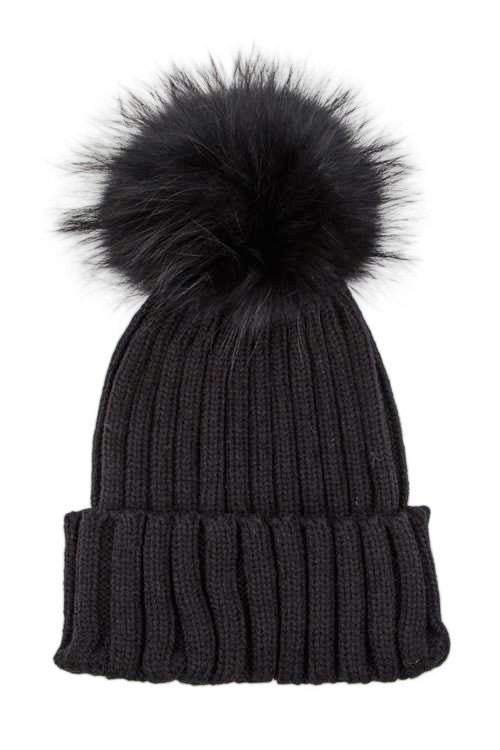 Large Genuine Fur PomPom Winter Cuff Beanie