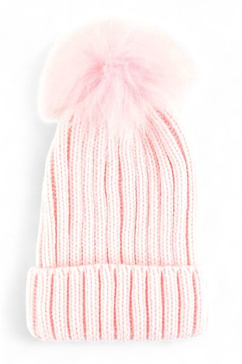 Large Genuine Fur PomPom Winter Cuff Beanie