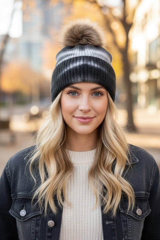Large Genuine Fur Pom Tie Dyed Beanie