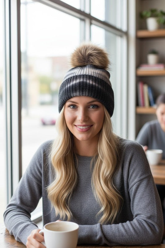 Large Genuine Fur Pom Tie Dyed Beanie