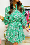 Green Paisley Print Long Sleeve Button Front Tied Waist Mini Dress