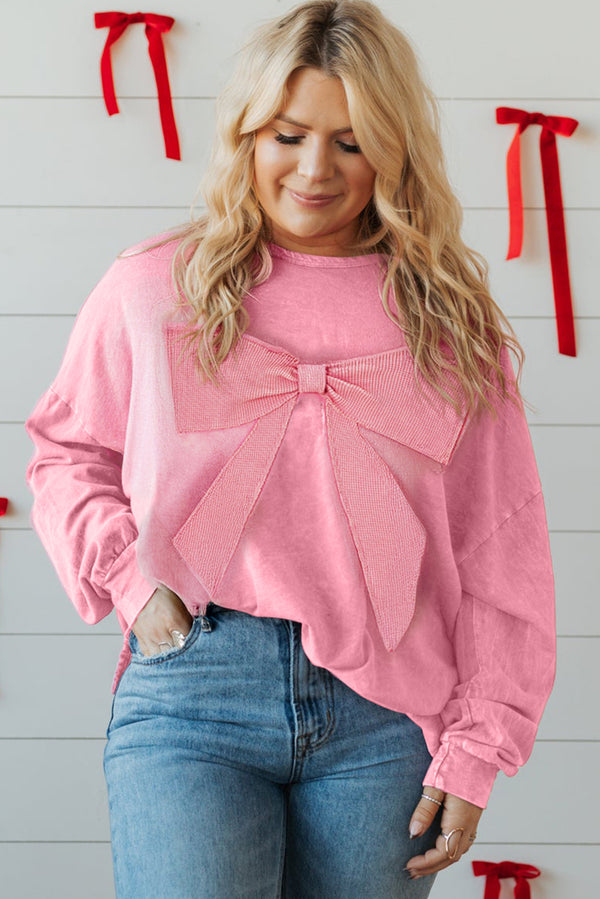 Bonbon Waffle Bowknot Patchwork Mineral Wash Plus Size Top