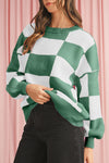 Green Checkered Bishop Sleeve Pullover Sweater