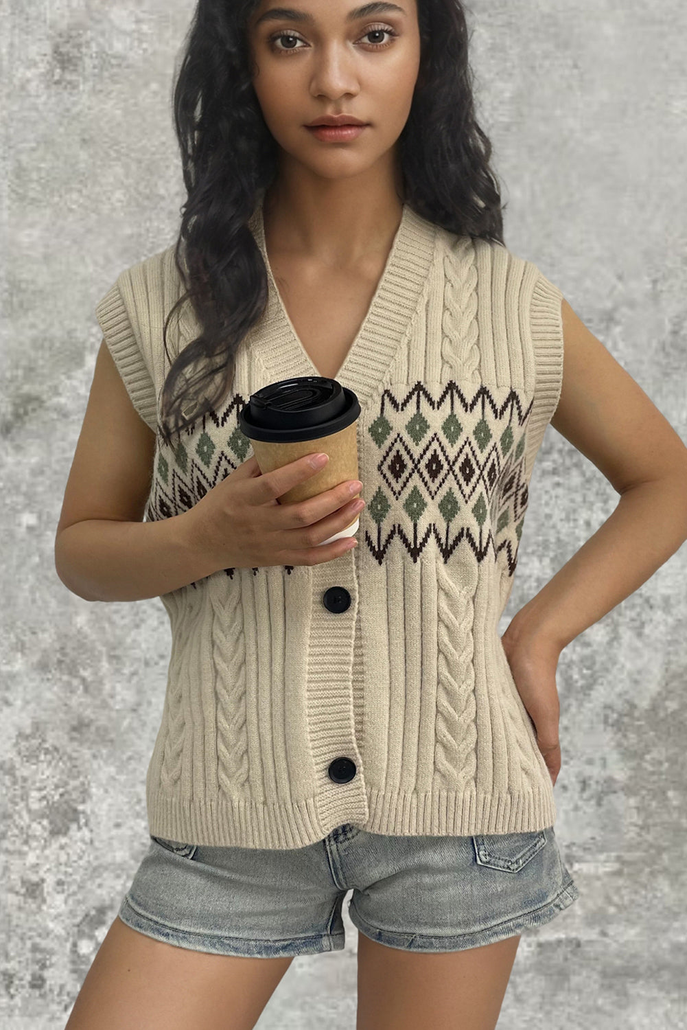 Khaki Geometric Knit Vest Cardigan