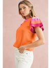 Bright Pink Contrast Sleeve Striped Round Neck Knitted Tee